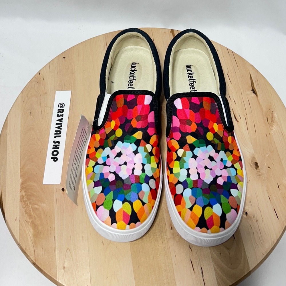 BucketFeet Adult Unisex Multicolor Canvas Slip On Sneakers NWT- W9 & M7.5 - Picture 5 of 11